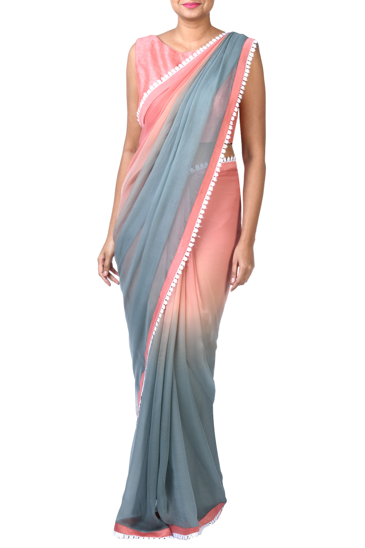 Onion Pink Sleeveless Blouse With Grey And Onion Pink Chiffon Ombre Saree